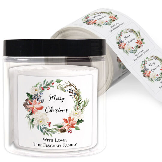 Winter Floral Wreath Square Gift Stickers in a Jar